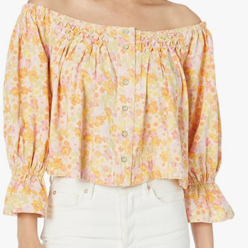 Free People James Smocked Off the Shoulder Crop Blouse Floral Size Large NWT